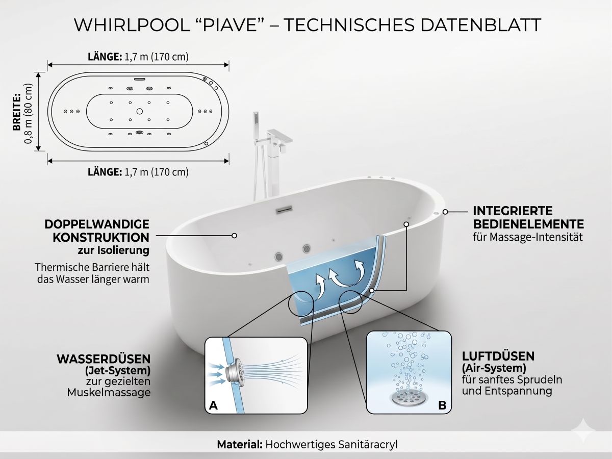 Whirlpool Indoor Spa freistehende  Badewanne OSSANTA  weiß 170x80x58 cm mit Massagedüsen