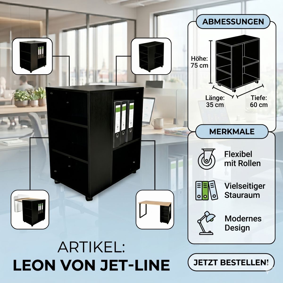 Druckertisch Büro mit Rollen Druckerständer LEON schwarz Jet-Line