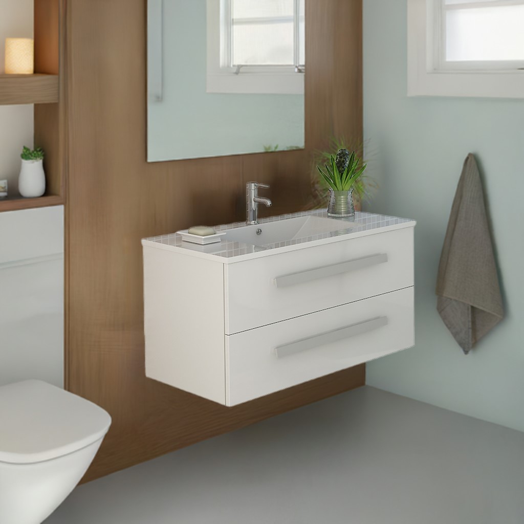 Badmöbel Badset RAPPERSWIL Waschtisch weiss Badmöbel mit Keramit Waschbecken