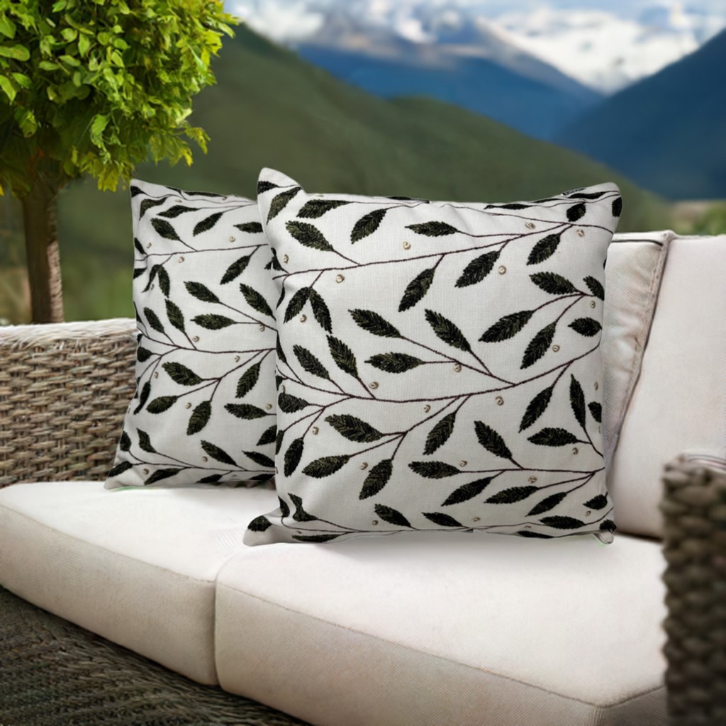 2-er Deko Kissen Set Sofakissen Oliven Blätter 40x40 cm für In- und Outdoor mit Füllung