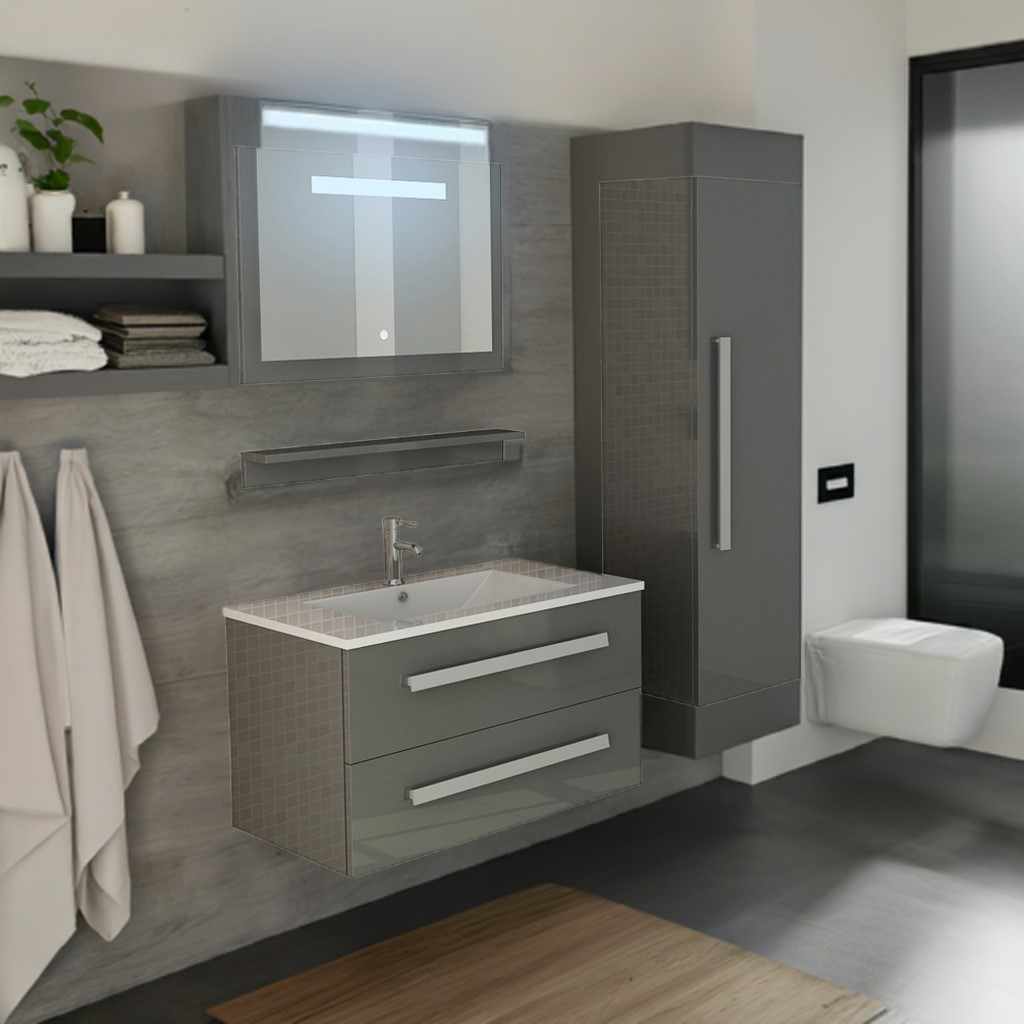 Badset Badmöbel Set hochglanz ST. MORITZ grau mit Spiegel Inkl LED und Schrank
