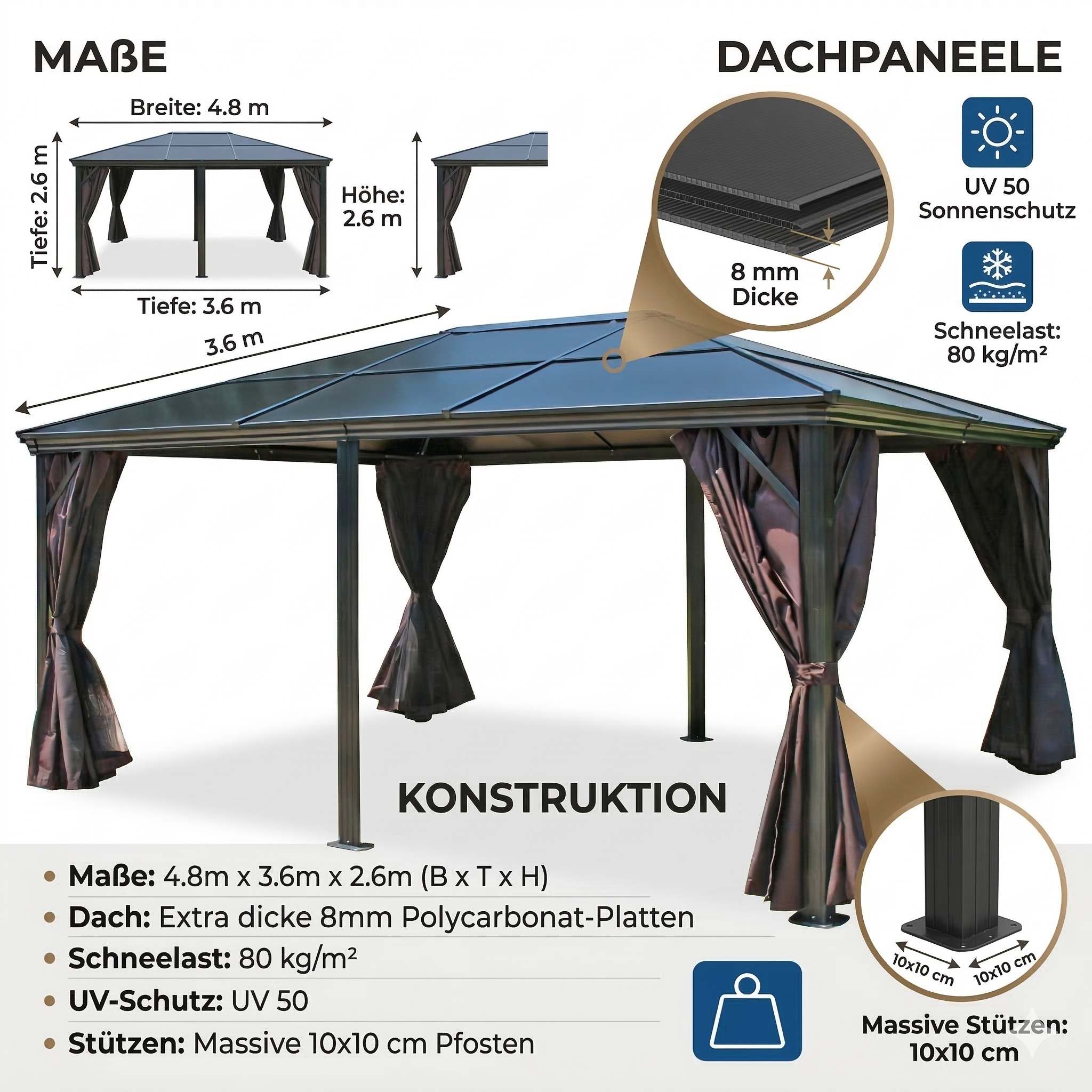 Pavillon Gartenpavillon 3,6x4,8m  Tamuros anthrazit Aluminium UV-Schutz