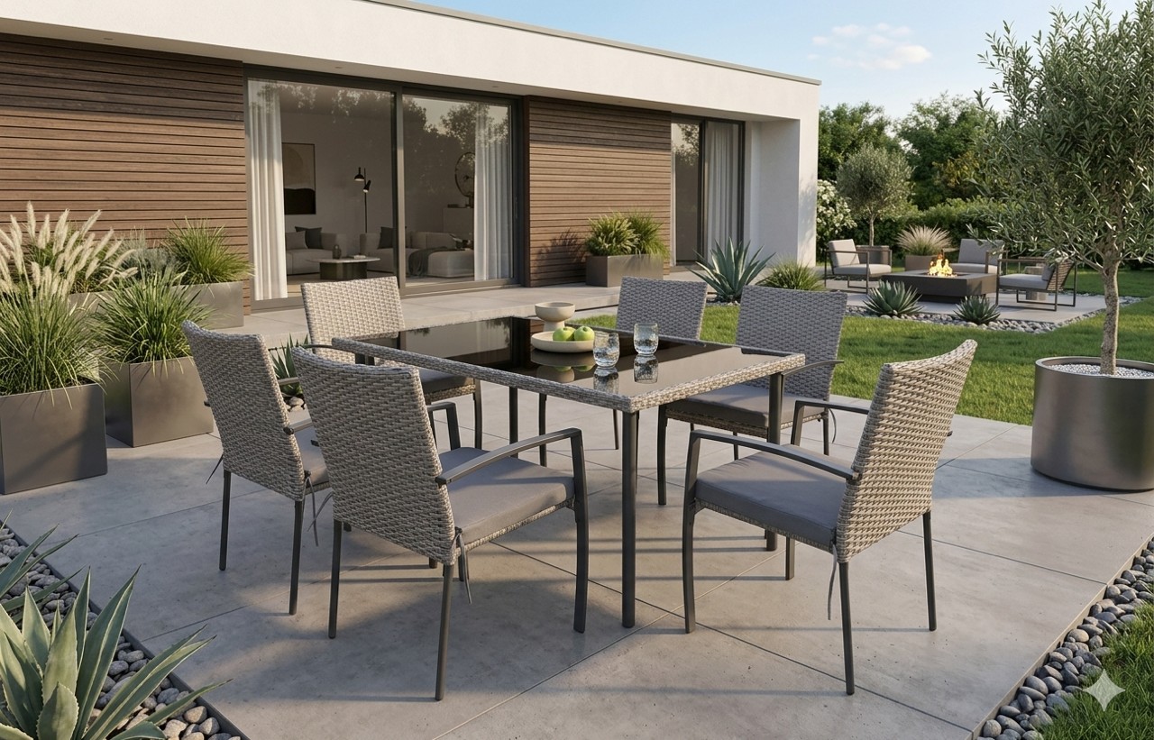 Gartenmöbel Essgruppe Sitzgruppe CARLO 7-Teilig grau aus Rattan mit Kissen Garten Terrasse Balkon