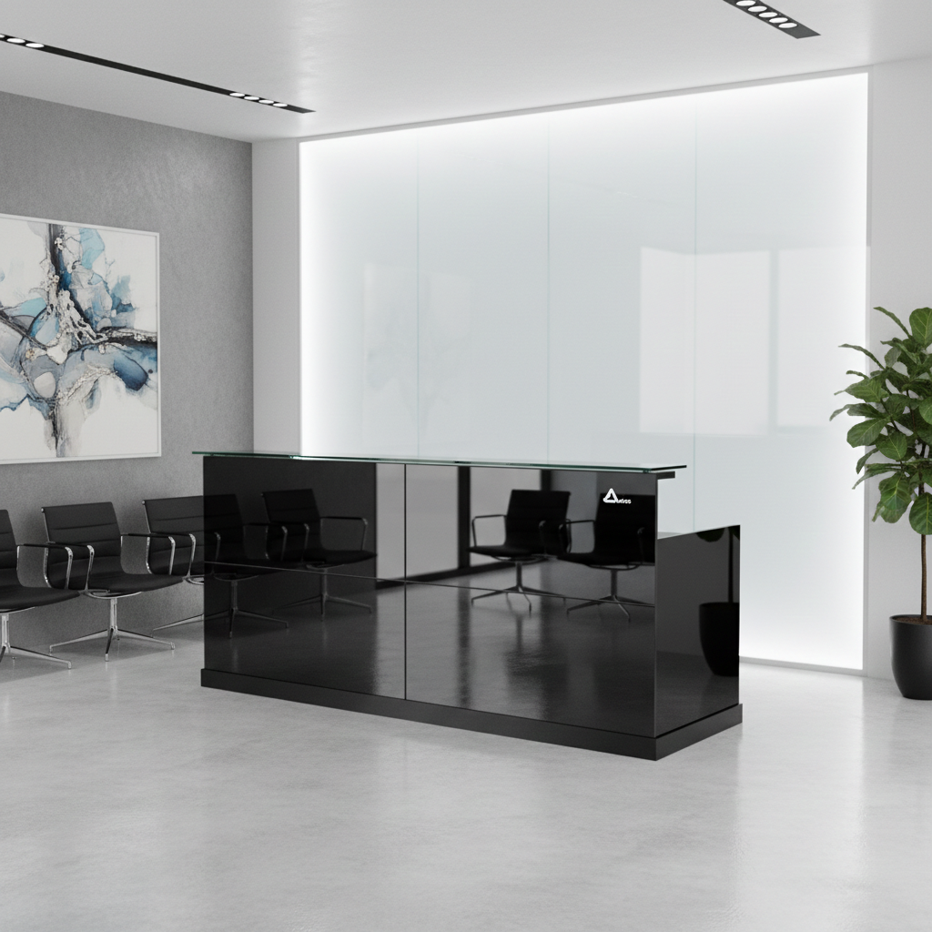 Büro Empfangstheke Zürs schwarz Büromöbel Empfang Theke 2.2 m Glasfront