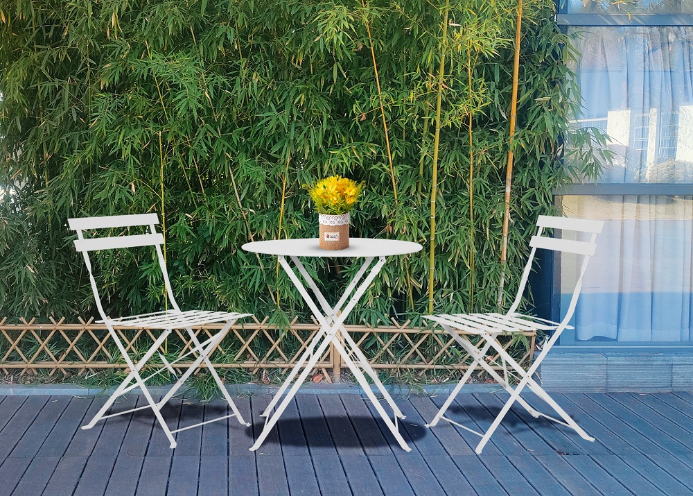 Jet-Line | Bistro Gartenmöbel Set | weiss | Tisch mit 2 Klappstühlen | Terrasse | Balkon | Garten