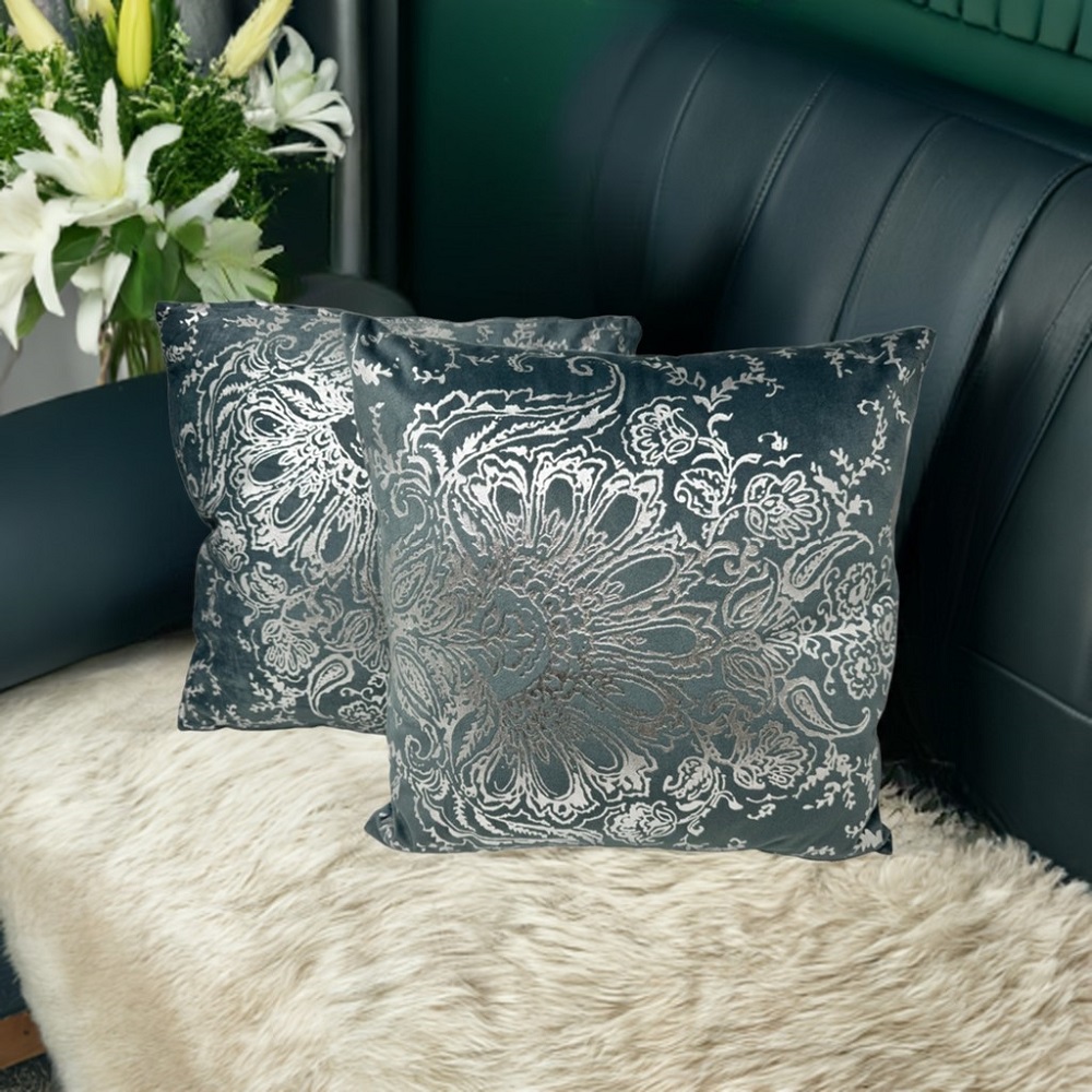 2-er Deko Kissen Set Ornament - Silber 40x40 cm Sofakissen mit Füllung Indoor