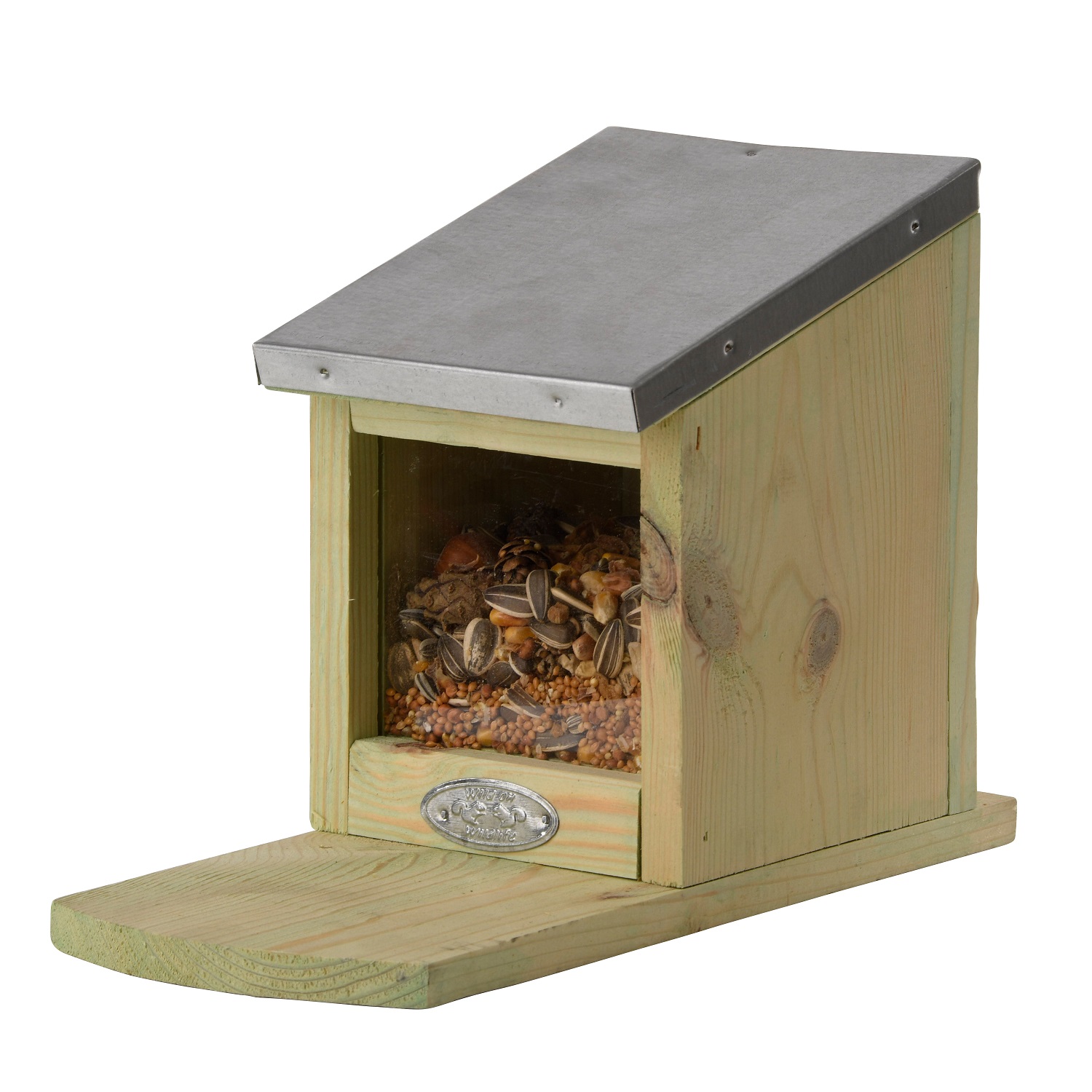 Vogelfutterhaus, Holz, Metall-Dach, Saatgutspender, transparente Front