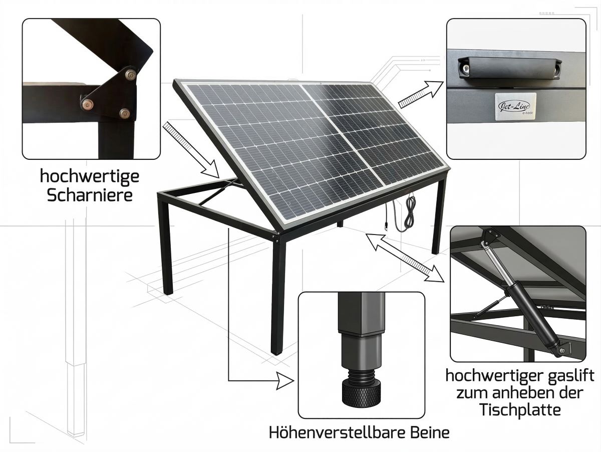 Jet-Line Solar Gartentisch 450 W Modul 6 Stühle & 800 W Wechselrichter