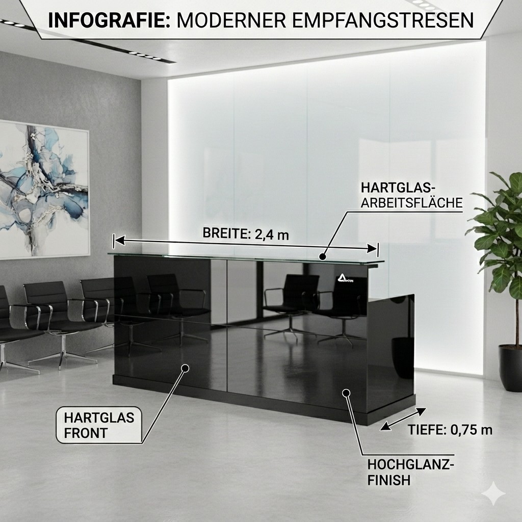 Büro Empfangstheke Zürs schwarz Büromöbel Empfang Theke 2.2 m Glasfront