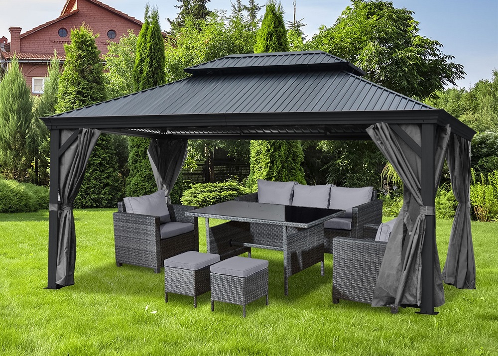 Alu Garten Pavillon DAMASKUS 3x3,65 m mit festem Metalldach Pergola