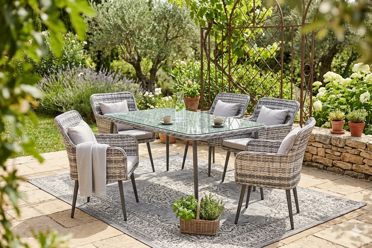 Gartenmöbel Essgruppe Sitzgruppe Outdoor QUITO grau 7-Teilig mit Kissen Garten Terrasse Balkon