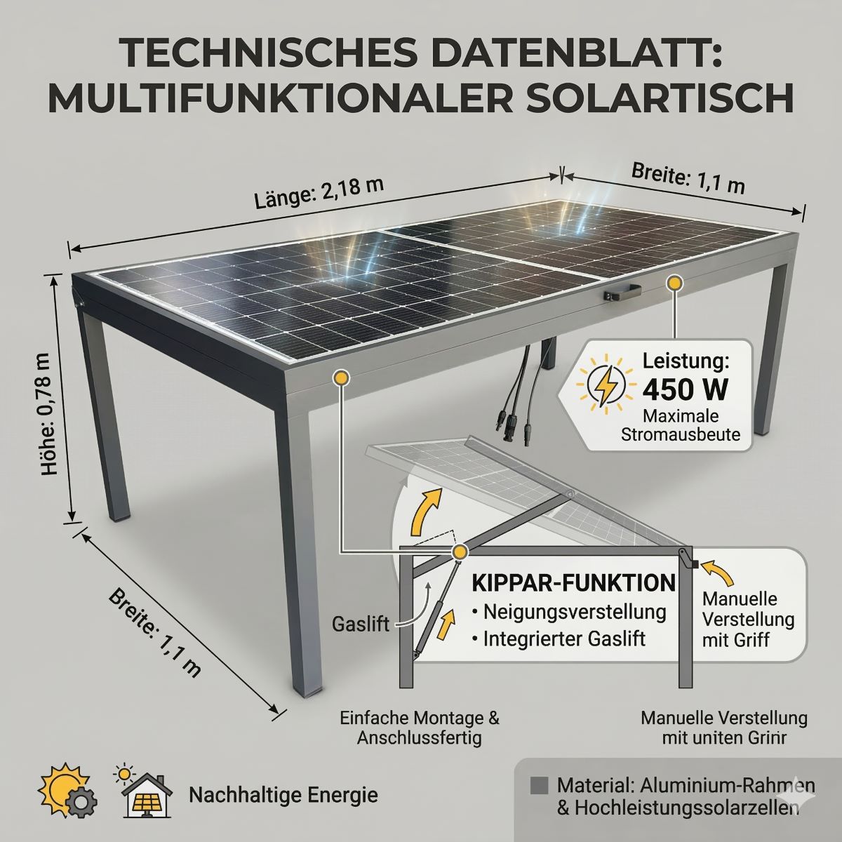 Jet-Line Solar Gartentisch 450 W Modul 6 Stühle & 800 W Wechselrichter