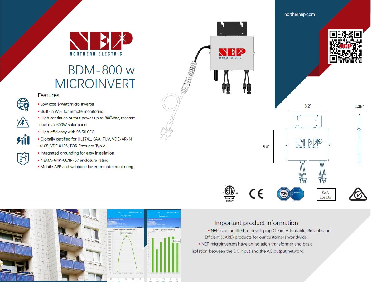 NEP Wechselrichter Inverter 800W, Photovoltaik, Balkonkraftwerk WiFi