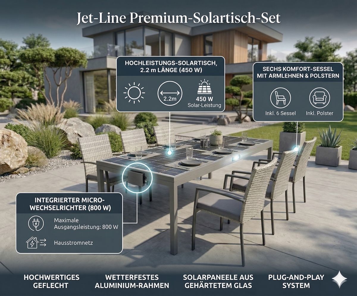 Jet-Line Solar Gartentisch 450 W Modul 6 Stühle & 800 W Wechselrichter