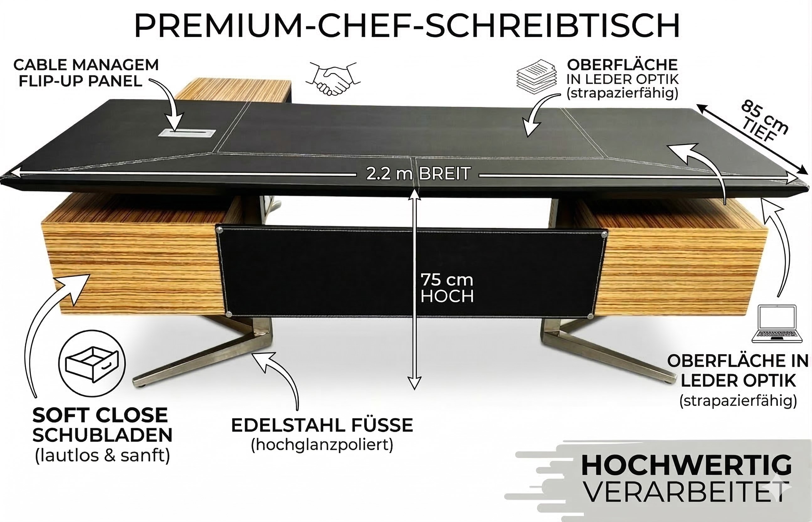 Büromöbel Chef Schreibtisch Bari schwarz - Holz Chef Büromöbel Edelstahl Füße