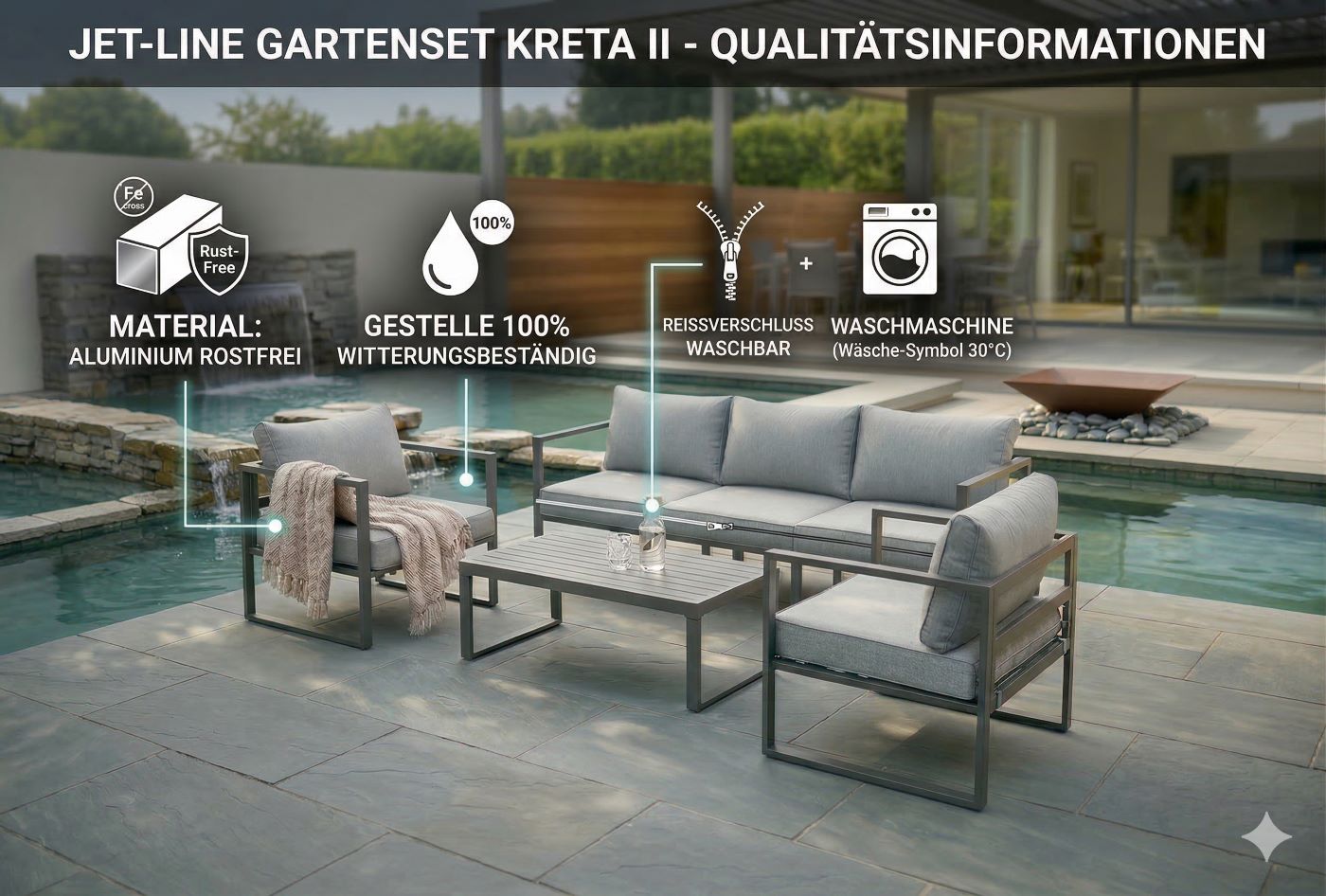 Gartenmöbel Sitzgruppe Garten Lounge KRETA II anthrazit 4-Teilig mit Kissen Garten Terrasse Balkon