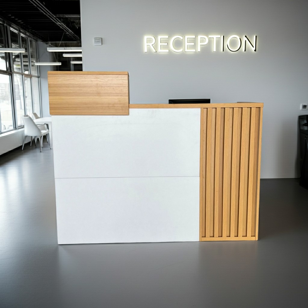 Rezeption, Empfangstresen, Holz Akzente, Weißes Möbelstück, Lichtsignale RECEPTION