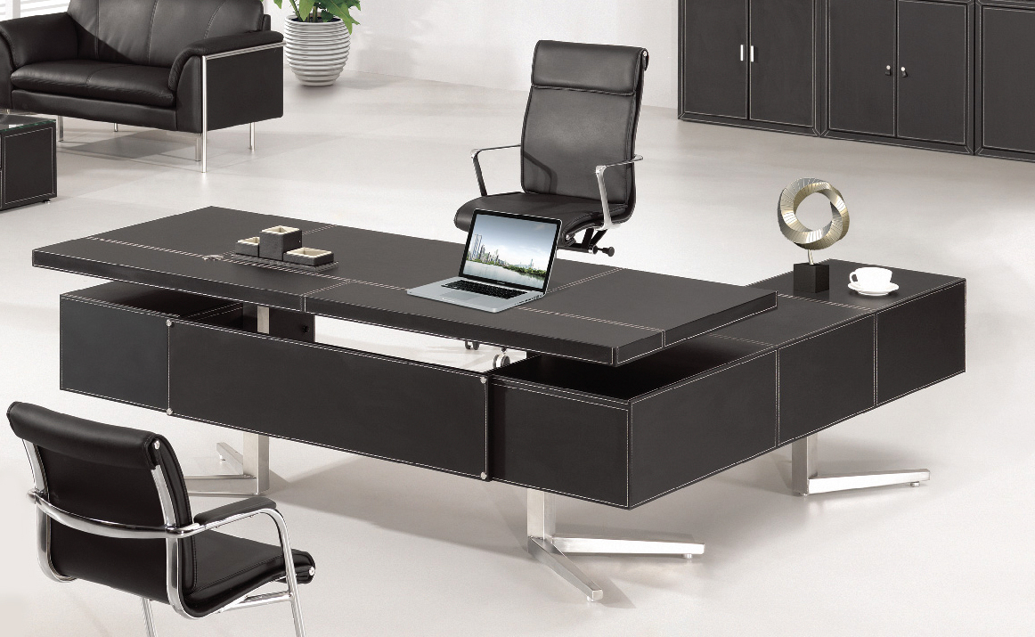 Chef Schreibtisch BARI links  in schwarz Edelstahl Winkelschreibtisch