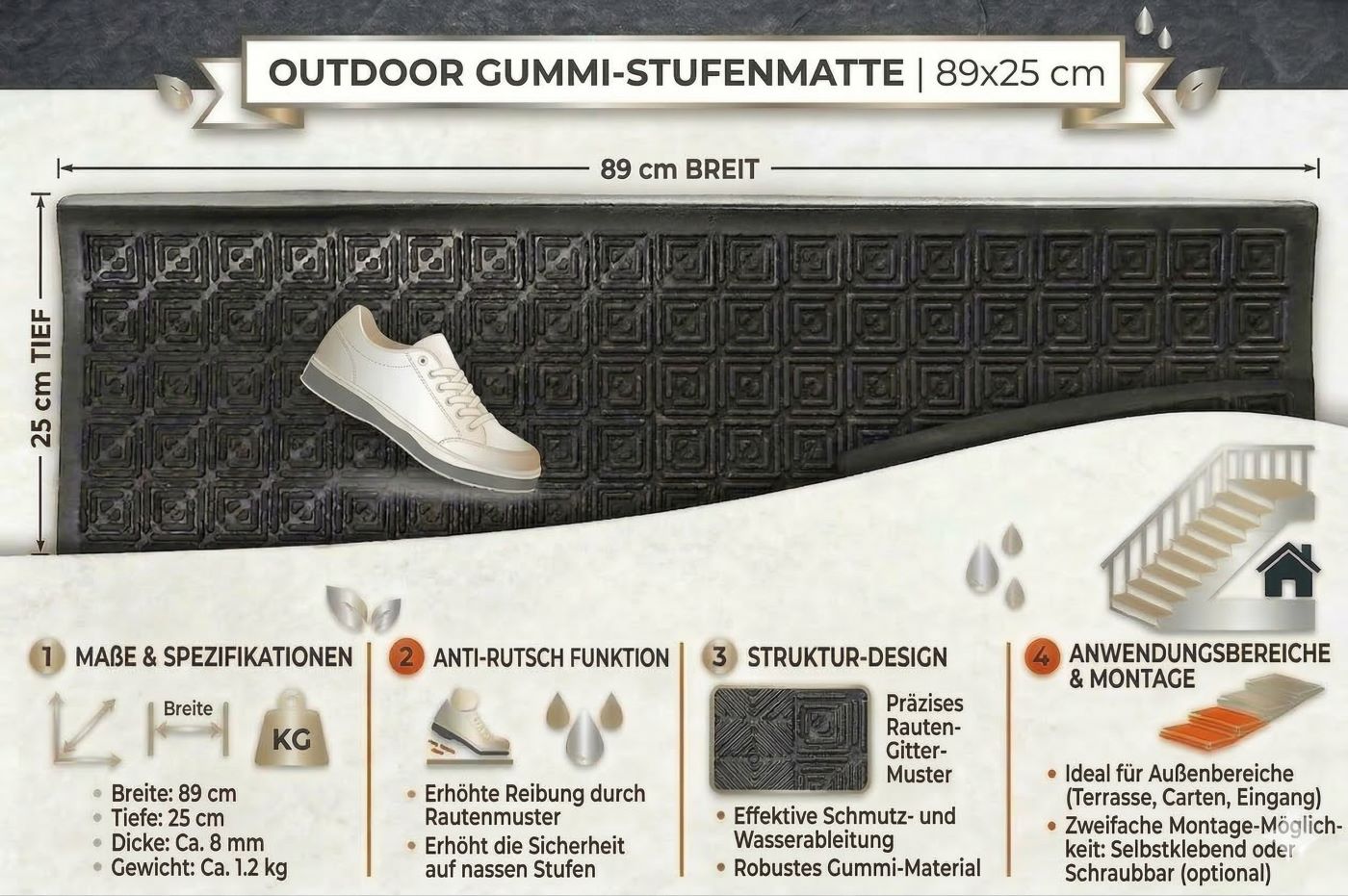 Stufenmatten FREDERIKE 5er-Set  Außenbereiche Treppenmatten Antirutschmatte 25x89 cm