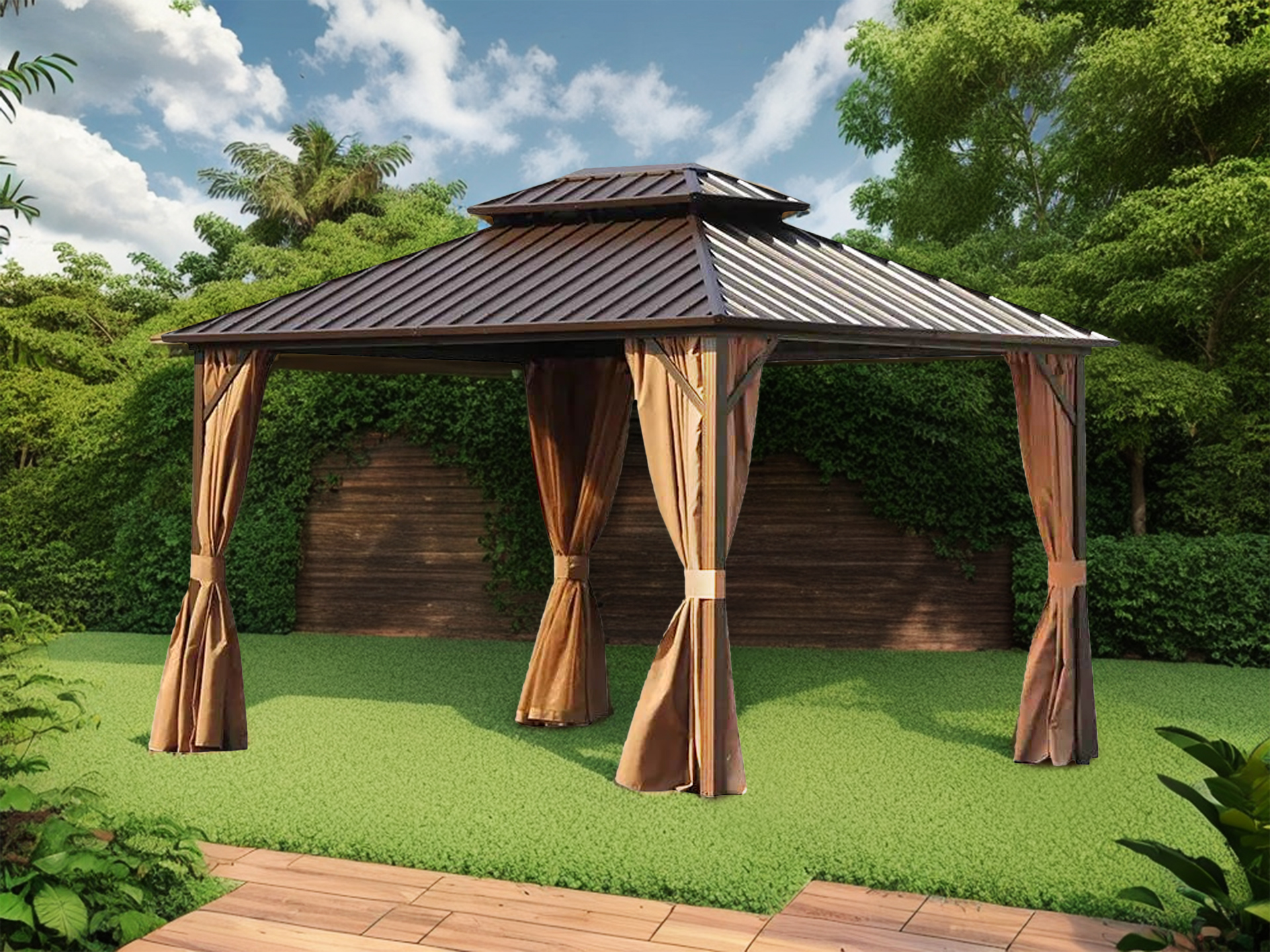 Alu Garten Pavillon DAMASKUS II Bronze 3x3,65 m mit festem Metalldach Pergola