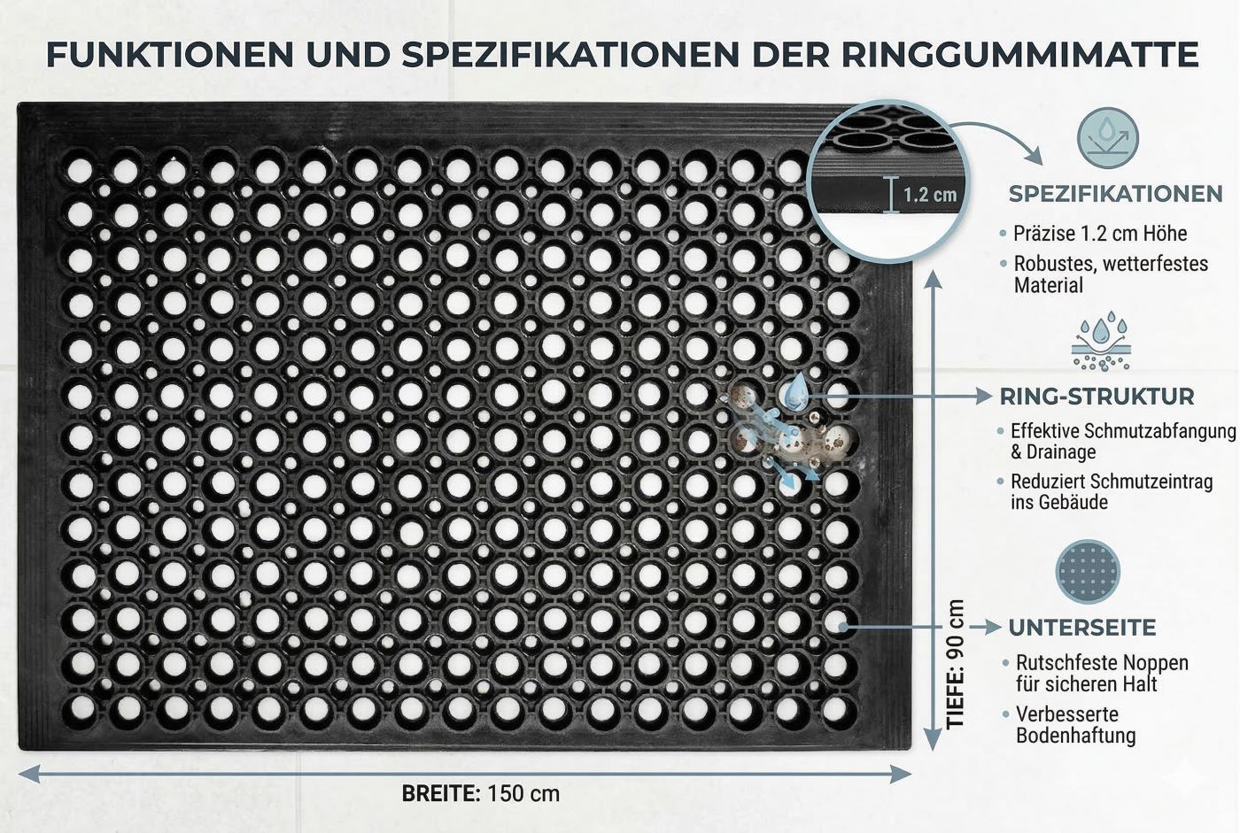 Fußmatte MONA 90x150x1,2 cm schwarz Eingang Matte außem Jet-Line Ringmuster