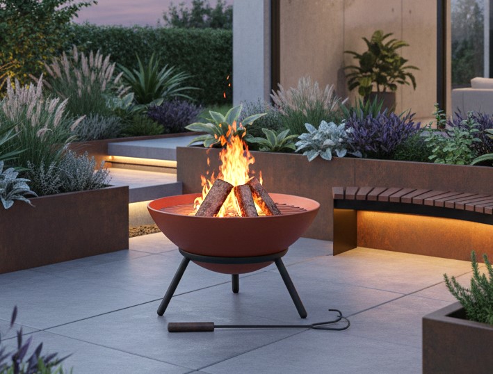 Feuerstelle APACHO Schale Rostoptik mit schwarzer Stütze neigbar Rostoptik Feuerschale
