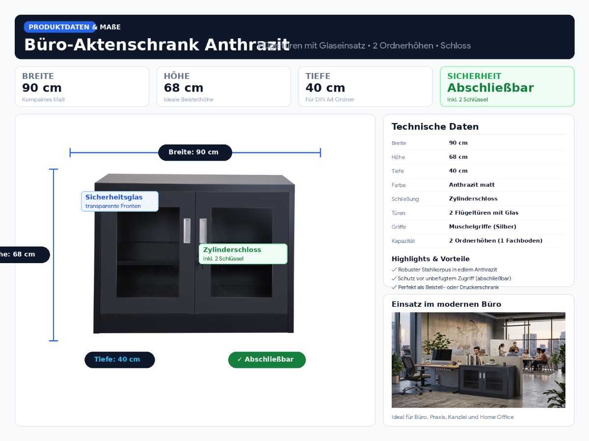 Büro-Schrank, Anrichte, Anthrazit, Glasfront, Zylinderabschloss