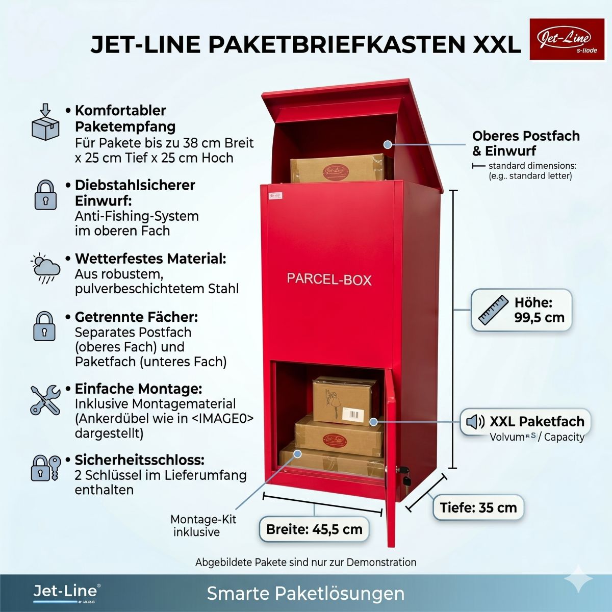 Jet-Line® | Paketbox |Paketablage Briefbox rot mit Paketfach Gr.XX L | Metall 99,5x35x45,5
