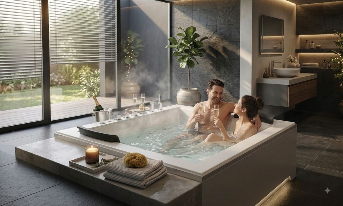 Whirlpool, Badewanne, Doppelbad, Glasflasche, Schaumbad