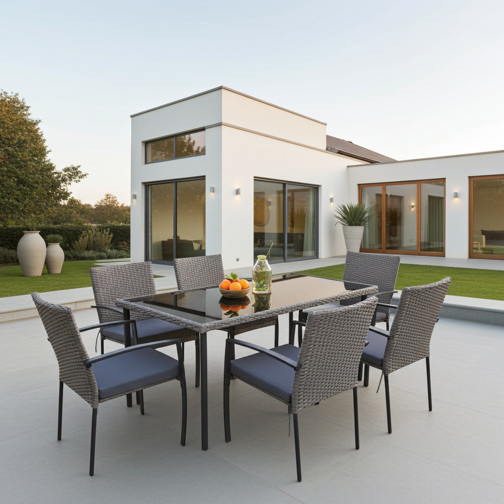 Gartenmöbel Essgruppe Sitzgruppe CARLO 7-Teilig grau aus Rattan mit Kissen Garten Terrasse Balkon