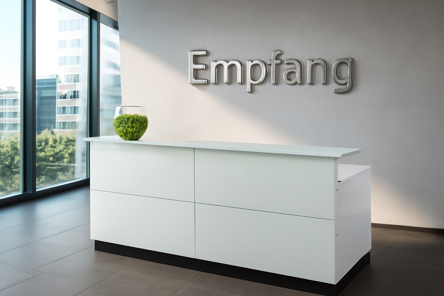 Büro Empfangstheke Davos weiss Büromöbel Empfang Theke 2.2 m Glasfront