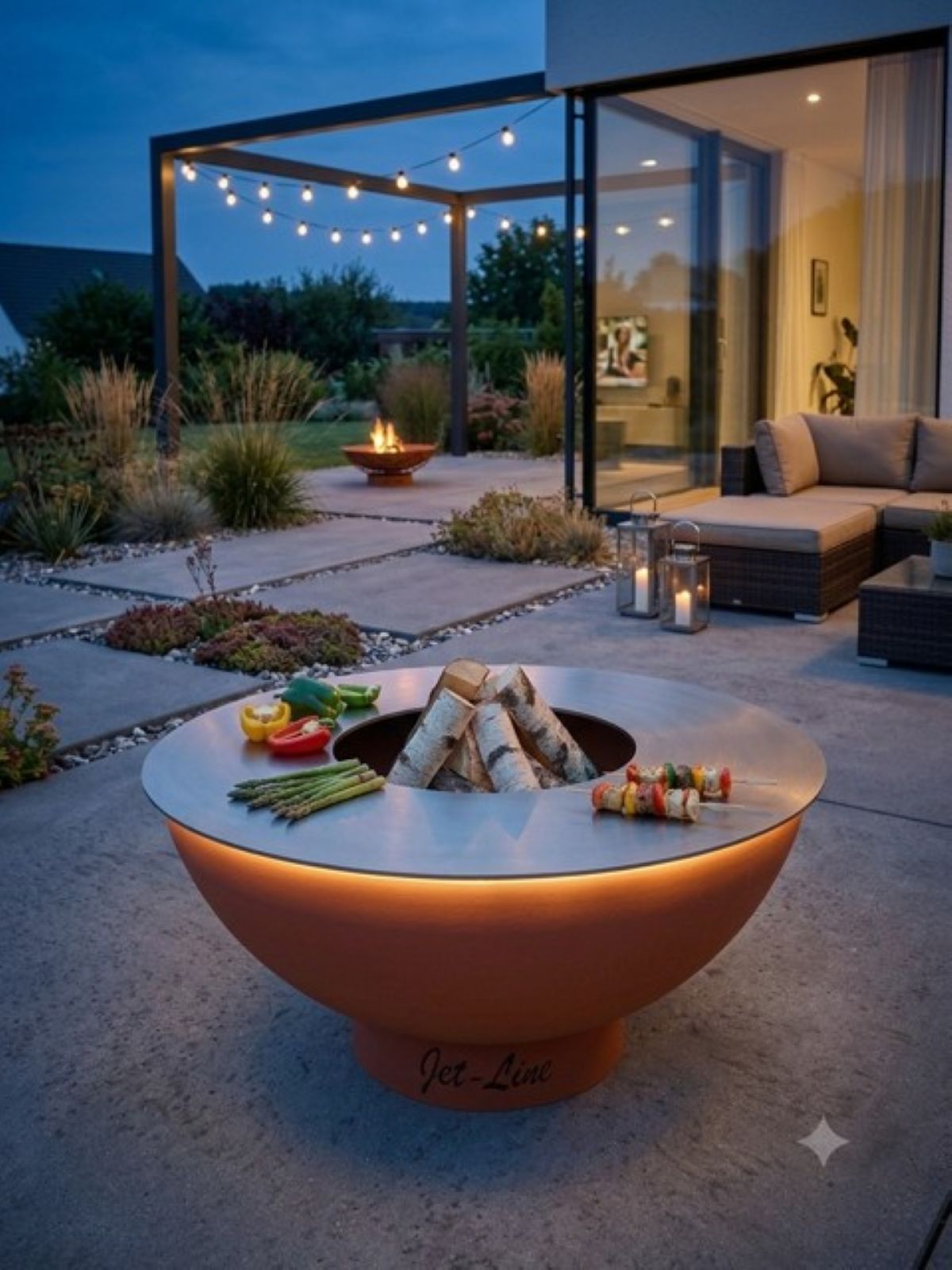 Feuerstelle, Feuerkorb, Outdoor-Kamin, Gartenpatio, Holzstapel