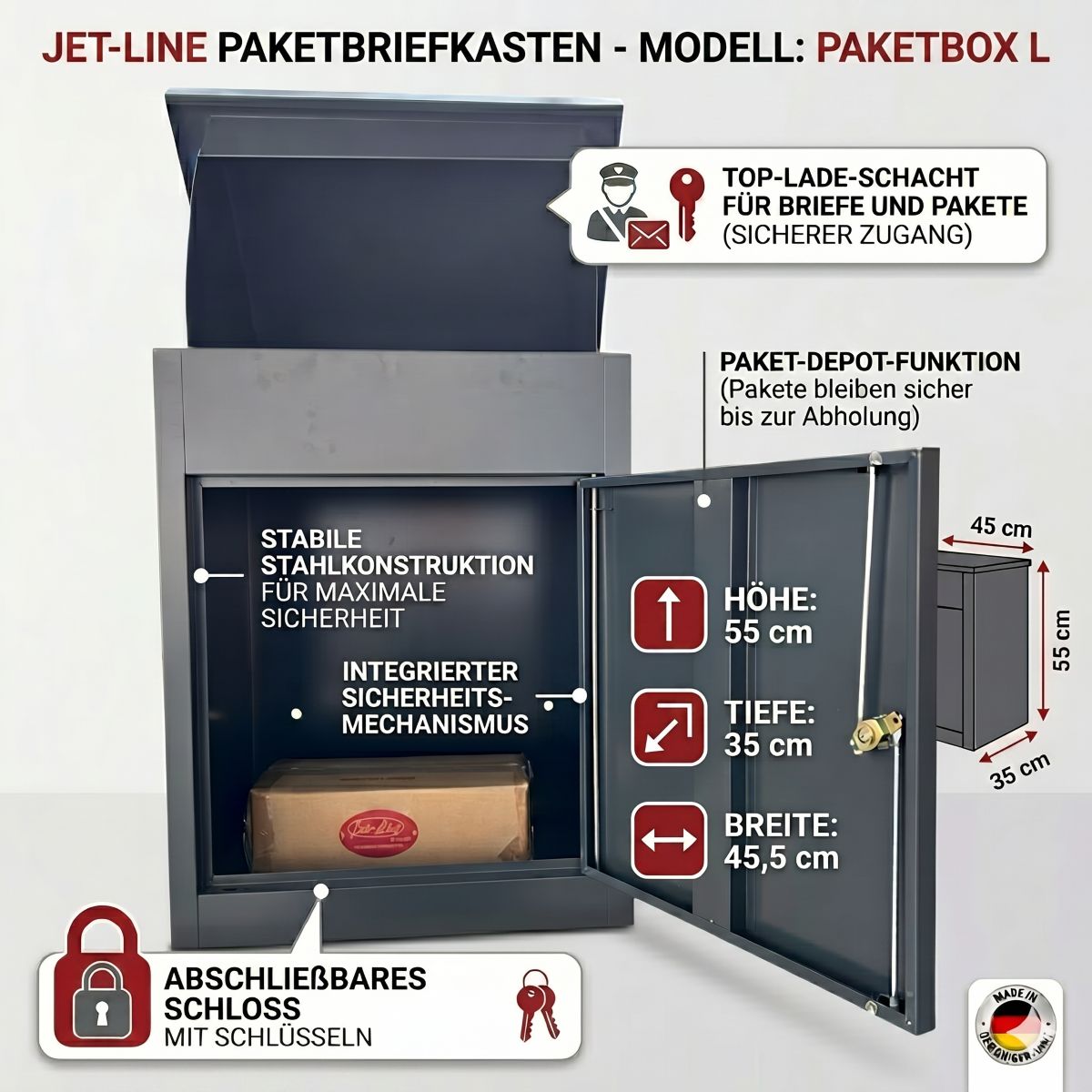 Jet-Line® | Paketbox |Paketablage Briefbox  mit Paketfach Gr. L | Metall anthrazit 55x35x45,5cm