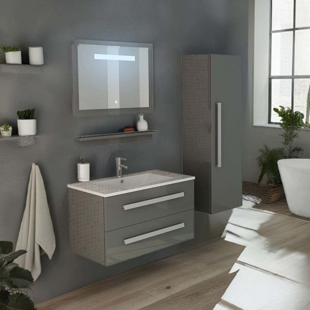 Badset Badmöbel Set hochglanz ST. MORITZ grau mit Spiegel Inkl LED und Schrank