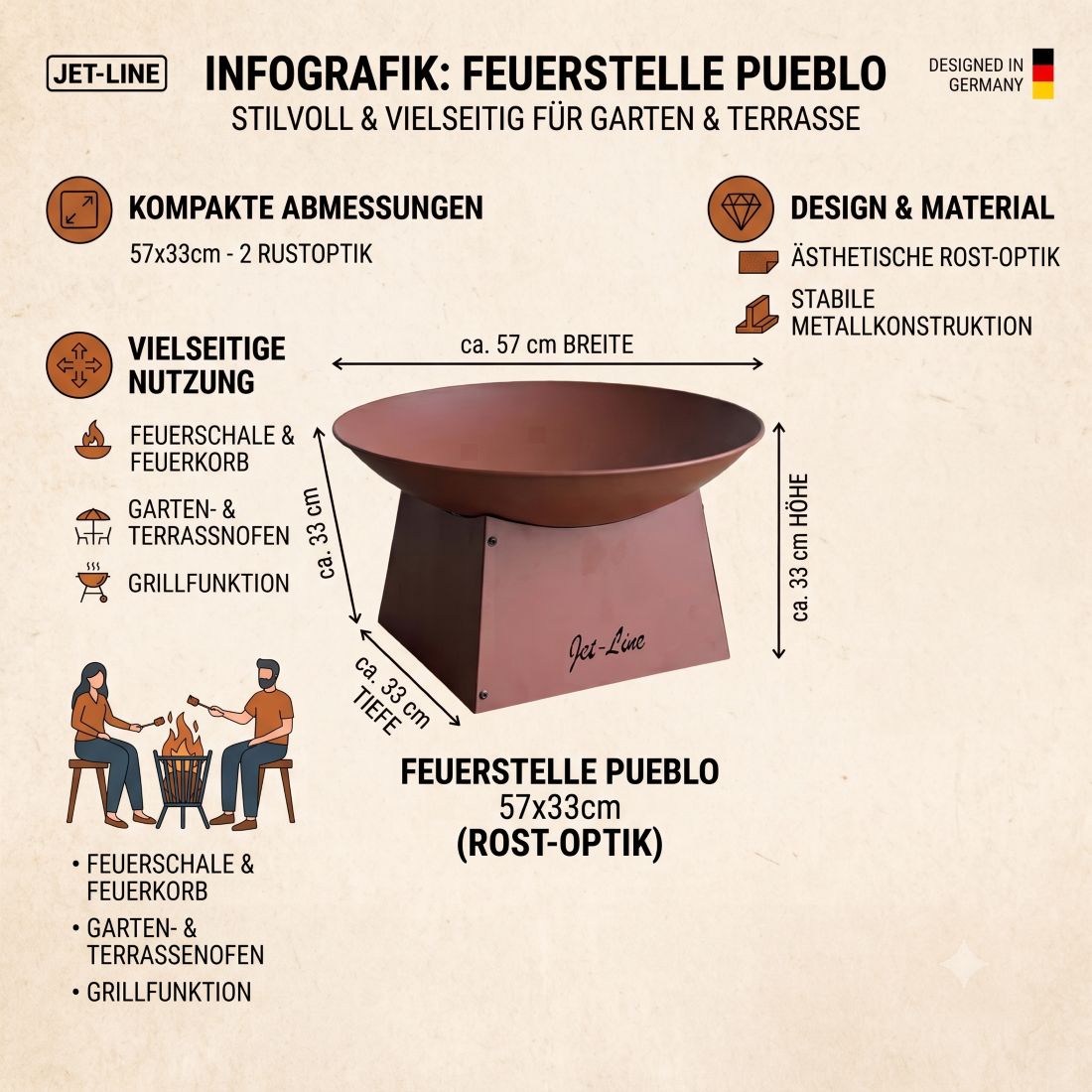 Feuerstelle Pueblo 57x33cm Garten Rostoptik Terrasse Ofen Grill Feuerschale Feuerkorb