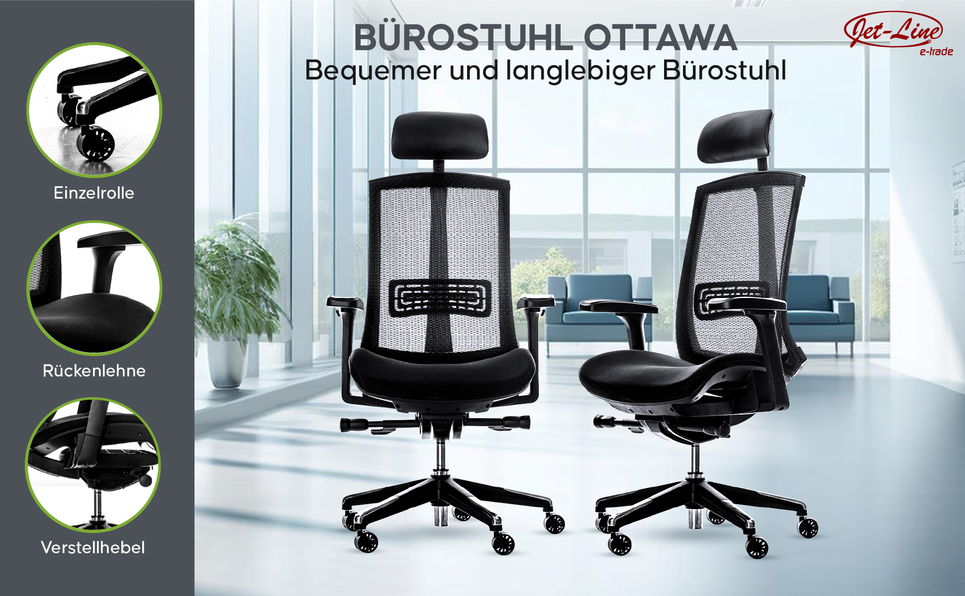 Bürostuhl Ergonomisch Schreibtischstuhl OTTAWA von Jet-LIne Drehstuhl Drehsessel Büroausstattung