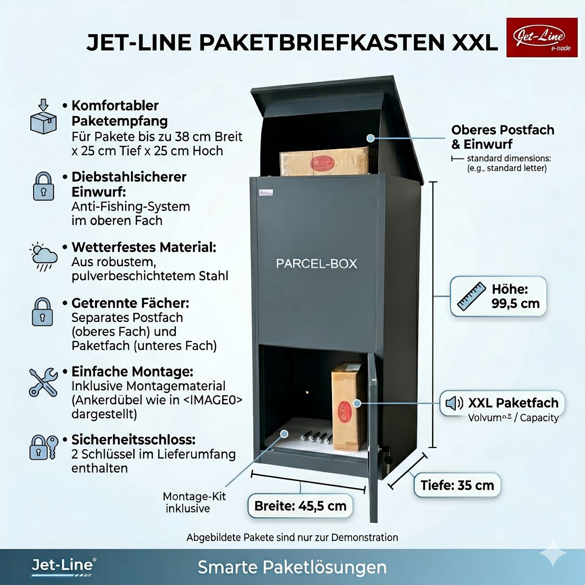 Jet-Line® | Paketbox |Paketablage Briefbox mit Paketfach Gr.XX L | Metall anthrazit 99,5x35x45,5cm