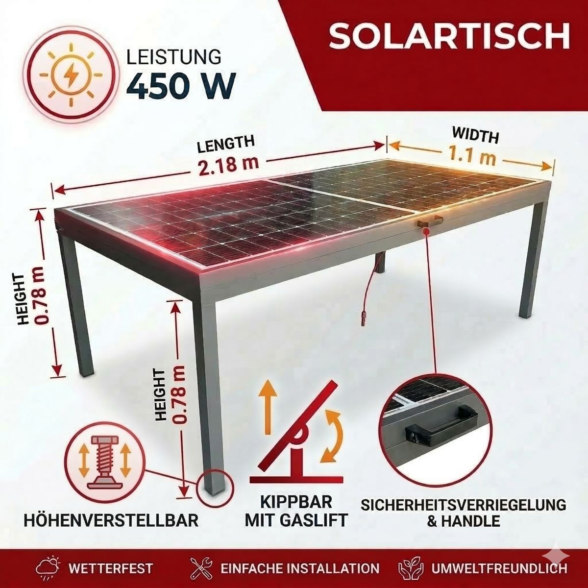 Jet-Line Solar Gartentisch Balkonsolar Ständer 450 W Modul 6-Personen Tisch