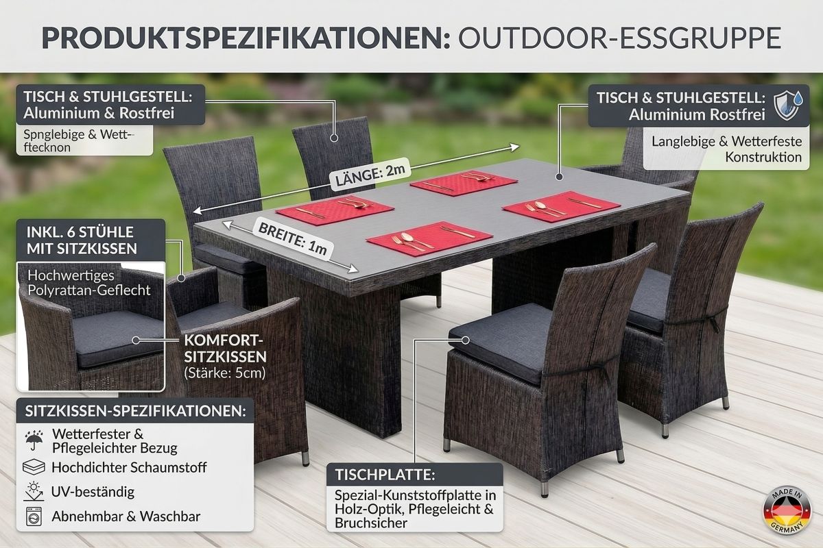 Gartenmöbel Essgruppe Sitzgruppe RÜGEN anthrazit 7-Teilig mit Kissen Wetterbeständig Garten Terrasse
