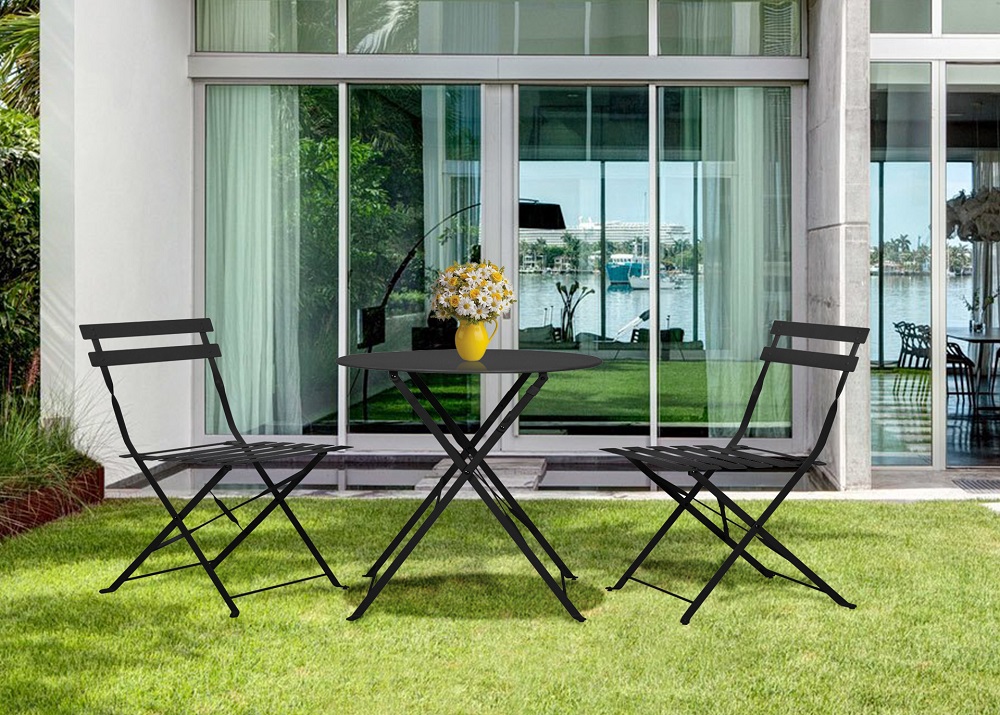 Jet-Line | Bistro Gartenmöbel Set | schwarz | Tisch mit 2 Klappstühlen | Terrasse | Balkon | Garten