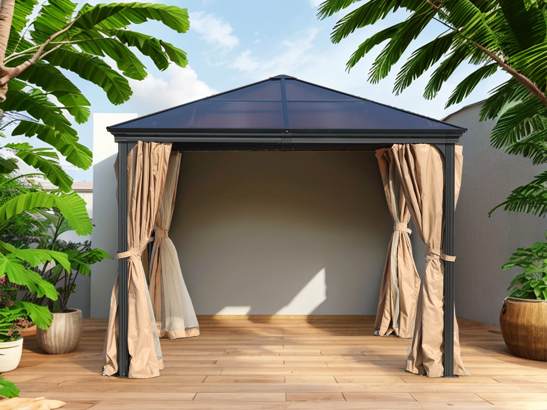 Garten Pavillion  Pergola Suez II 3x3m braun aus Aluminium mit festem Dach