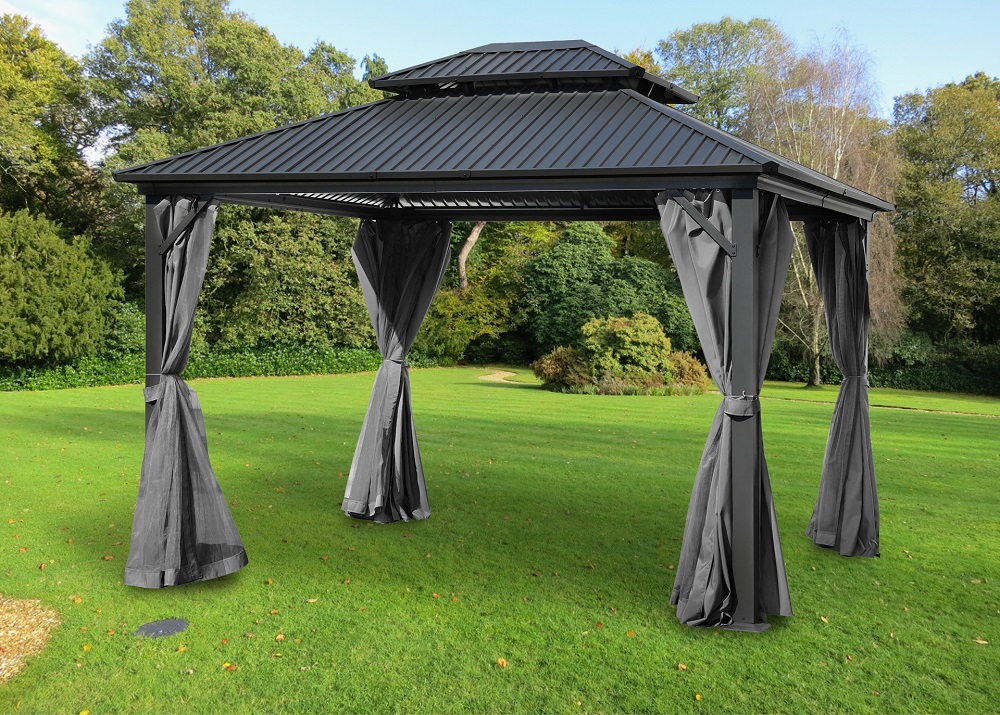 Pavillion Garten Pergola mit festem Metalldach und Alu Gestell Massive Stützen Sonnenschutz