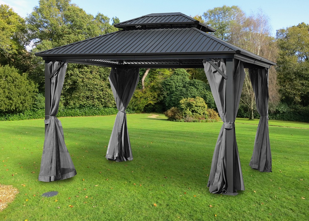 Pavillion Garten Pergola mit festem Aluminium Dach und Alu Gestell Massive Stützen Sonnenschutz