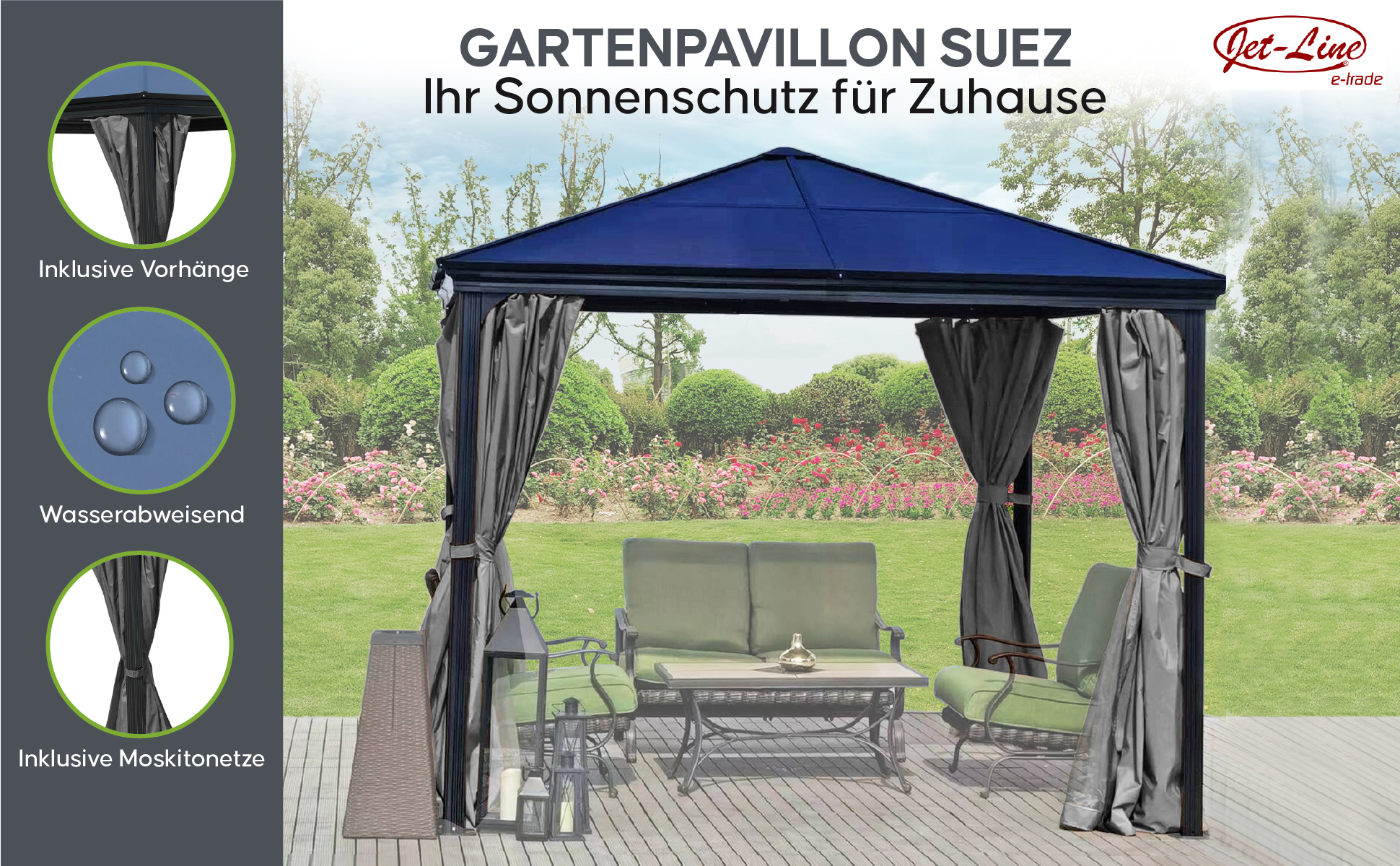 Garten Pavillion  Pergola Suez anthrazit aus Aluminium mit festem Dach