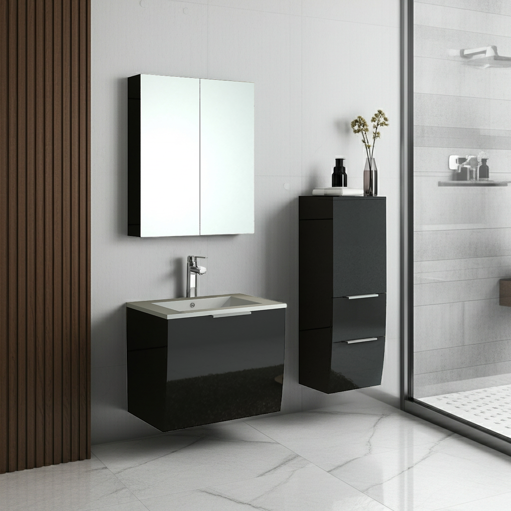 Badset Badmöbel Set 3-Teilig RORSCHACH schwarz Waschtisch,Spiegelschrank und Hängeschrank