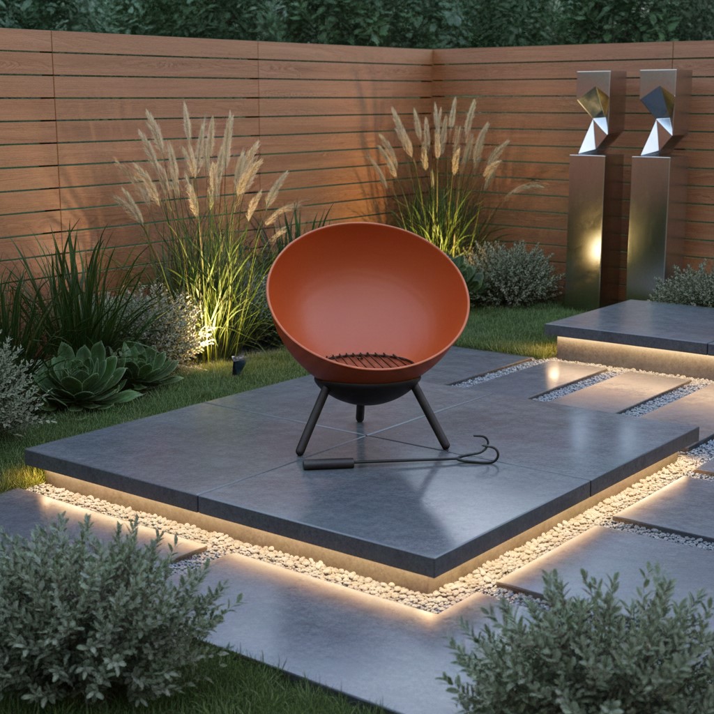 Feuerstelle APACHO Schale Rostoptik mit schwarzer Stütze neigbar Rostoptik Feuerschale