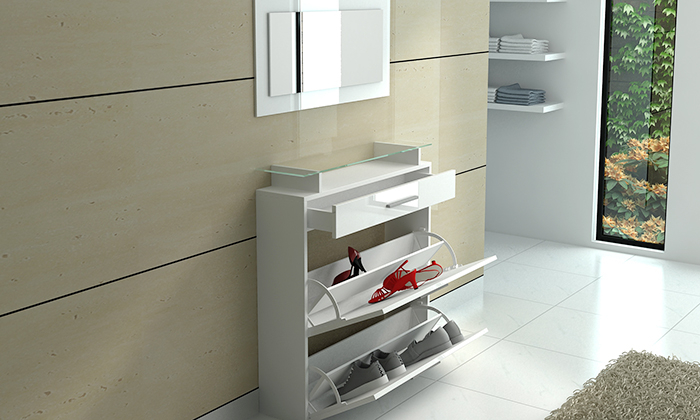 Schuhschrank Schuhkipper in weiss hochglanz mit Spiegel und Glasablage