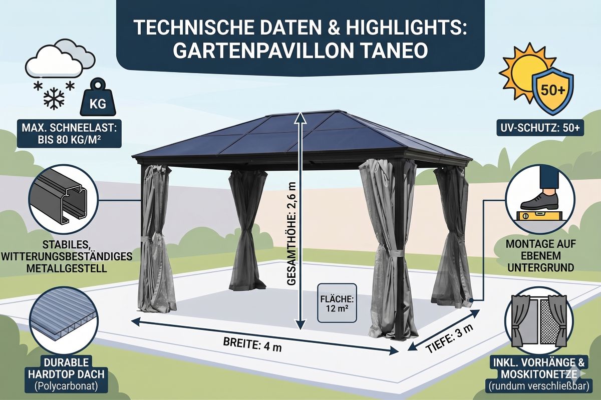 Pavillon Gartenpavillon 3x4 Taneo anthrazit aus Aluminium mit festem Dach UV-Schutz Sonnenschutz