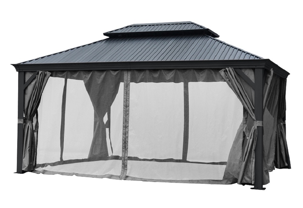 Pavillion Garten Pergola mit festem Metalldach und Alu Gestell Massive Stützen Sonnenschutz