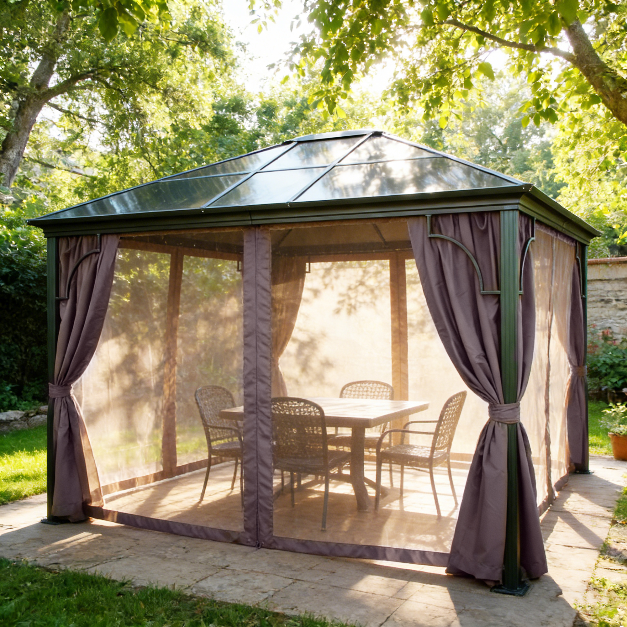 Pavillon Gartenpavillon 3x4,2m  Sahor anthrazit-braun aus Aluminium mit festem Dach UV-Schutz Sonnen